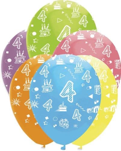 Age 4 Bright Mix Latex Balloons All Round Print 6 x 12" per pack