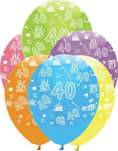 Age 40 Bright Mix Latex Balloons All Round Print 50 x 12" per pack