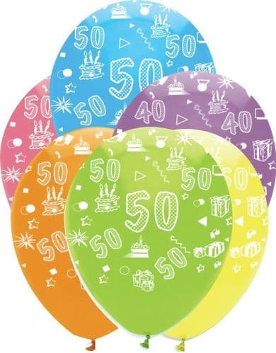 Age 50 Bright Mix Latex Balloons All Round Print 6 x 12" per pack