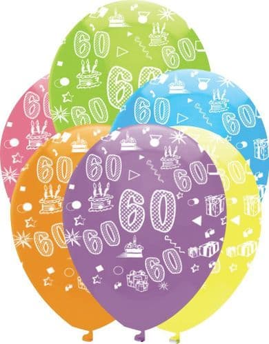 Age 60 Bright Mix Latex Balloons All Round Print 50 x 12" per pack