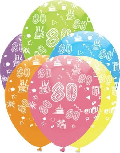 Age 80 Bright Mix Latex Balloons All Round Print 6 x 12" per pack