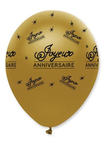 Black and Gold Joyeux Anniversaire 12" Latex Balloons Pearlescent All Round Print 6 per pack