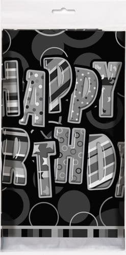 Black Glitz Happy Birthday Tablecover Plastic 54" x 84"