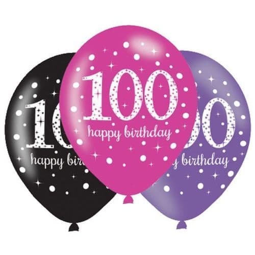 Black & Pink 100th Birthday Latex Balloons 11"x 6 per pack.