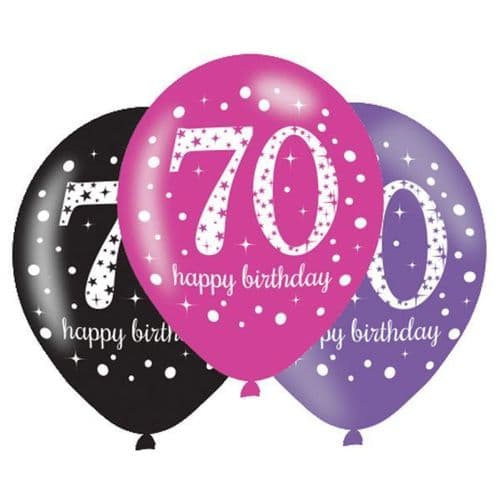 Black & Pink 70th Birthday Latex Balloons 11" x 6 per pack.