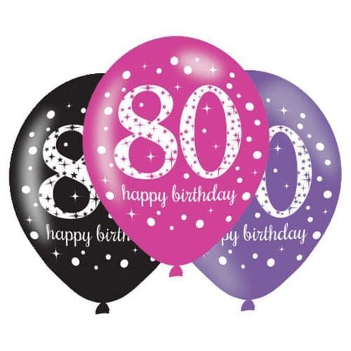 Black & Pink 80th Birthday Latex Balloons 11" x 6 per pack.