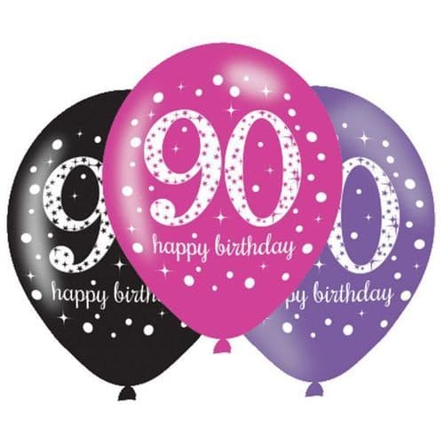 Black & Pink 90th Birthday Latex Balloons 11" x 6 per pack.