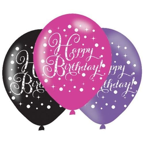Black & Pink Birthday Latex Balloons 11" x 6 per pack.