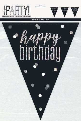 Black & Silver Glitz Happy Birthday Prismatic Bunting 9ft