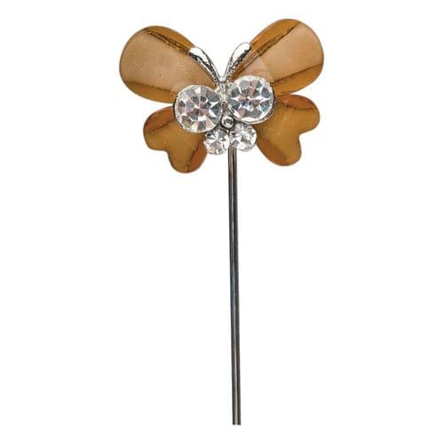 Brown Butterfly with Diamante Centre on Stem - pack of 6