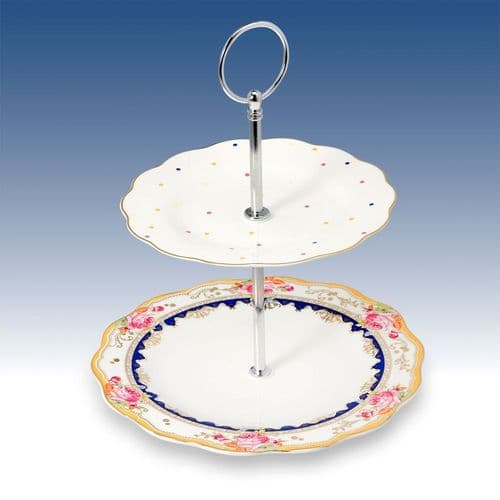 China 2 Tier Stand - Flower and Dots Navy