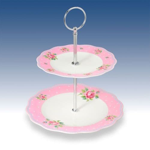 China 2 Tier Stand - Flower and Dots Pink
