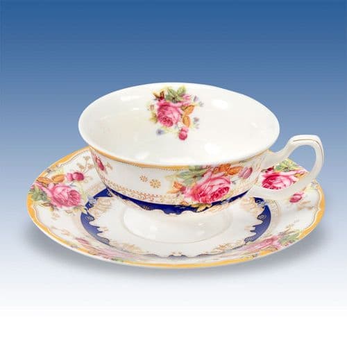 China Cup & Saucer - Flower and Dots Navy