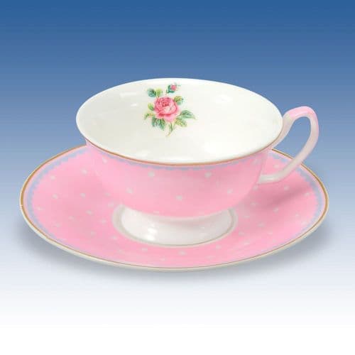 China Cup & Saucer - Flower and Dots Pink
