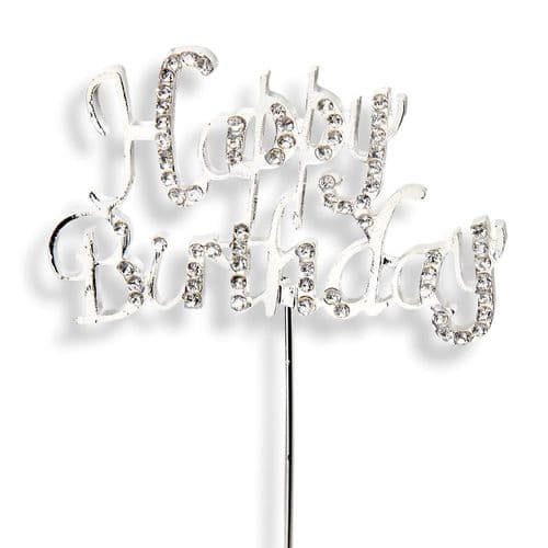 Diamante Happy Birthday on Silver Stem