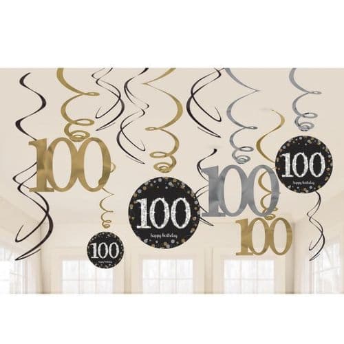 Gold Celebration 100th Birthday Swirl Decorations 12 per pack.