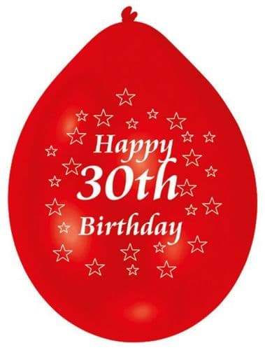 Happy 30th Birthday Latex Balloons 10 per pack.