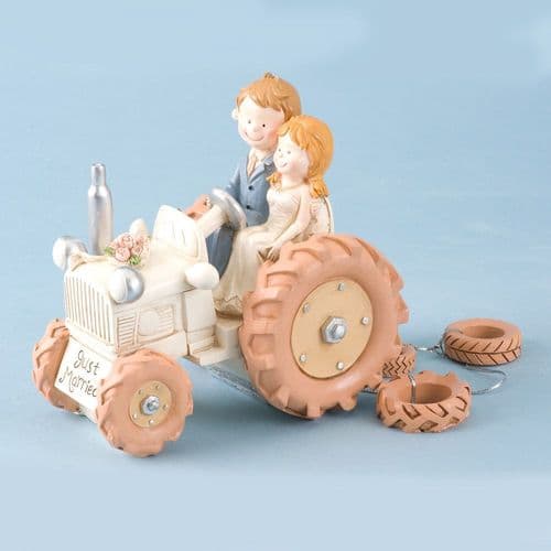 Ivory Resin Bride & Groom on Tractor