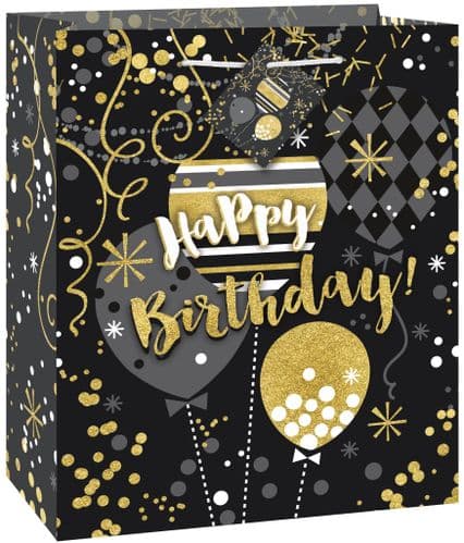 Jazzy Black/Gold Happy Birthday Giftbag-Medium