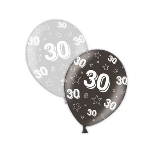 Packet of 25 x 11" 30th Birthday Shimmering Silver & Deepest Black Printed Latex Balloons