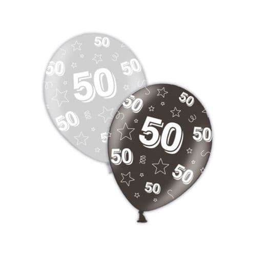 Packet of 25 x 11" 50th Birthday Shimmering Silver & Deepest Black Printed Latex Balloons