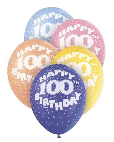 Pearlized Happy 100th Birthday Balloons 5 x 12" colours may vary.