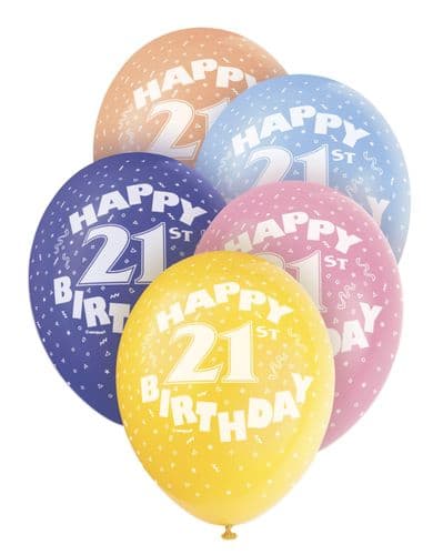 Pearlized Happy 21st Birthday Balloons 5 x 12" colours may vary.