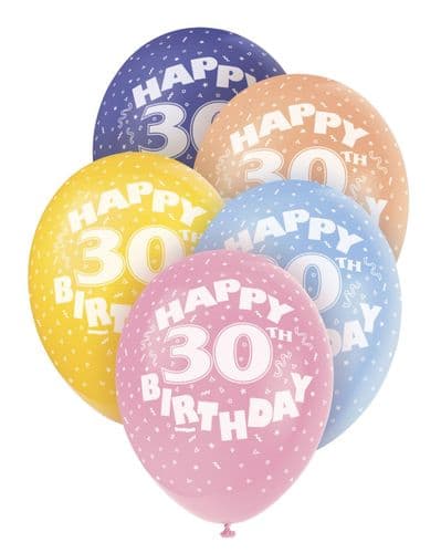Pearlized Happy 30th Birthday Balloons 5 x 12" colours may vary.