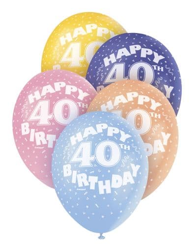 Pearlized Happy 40th Birthday Balloons 5 x 12" colours may vary.