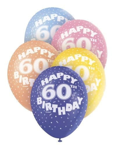 Pearlized Happy 60th Birthday Balloons 5 x 12" colours may vary.