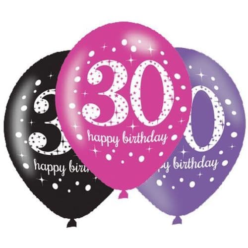 Pink Celebration 30th Happy Birthday Latex Balloons 6 per pack.