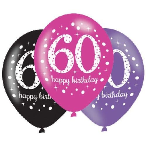Pink Celebration 60th Happy Birthday Latex Balloons 6 per pack.