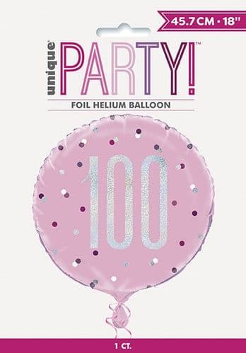 Pink & Silver Glitz Age 100 Prismatic Foil Balloon 18"