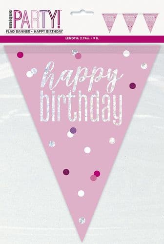 Pink & Silver Glitz Happy Birthday Prismatic Bunting 9ft