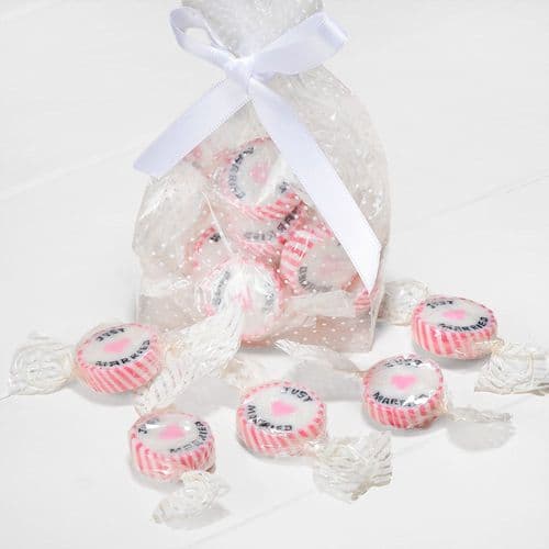 Pink Strawberry Sugar Rock Sweets "Just Married" - pack of 50