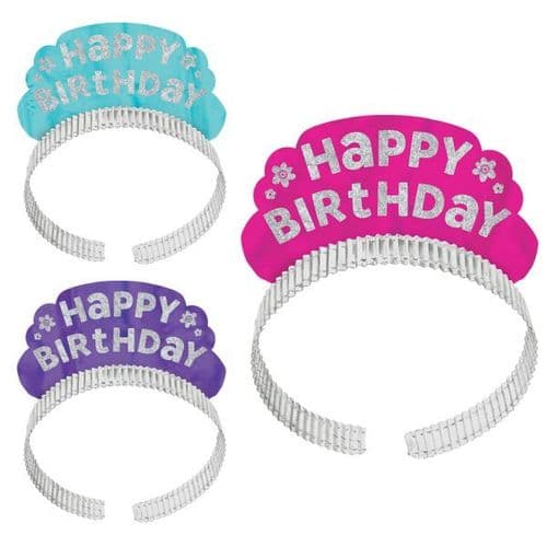 Pink & Teal Happy Birthday Tiaras 12 per pack.