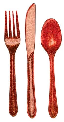 Plastic Premium Cutlery Red Glitter Heavy Duty Assorted
