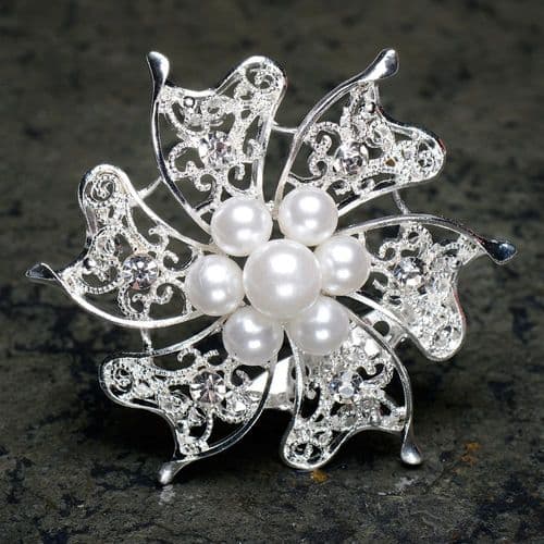 Silver Brooch with Pearls and Diamantes