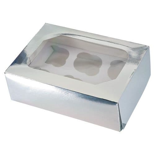 Silver Glossy Muffin/Cupcake Box + Insert ( holds 6 Cakes) - pack of 2
