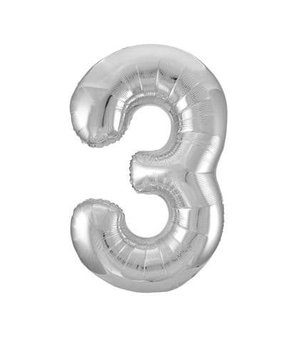Silver Number 3 Foil Balloon 34"