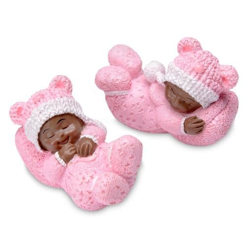 Small Resin Sleeping Black Baby in pink - 4 pieces
