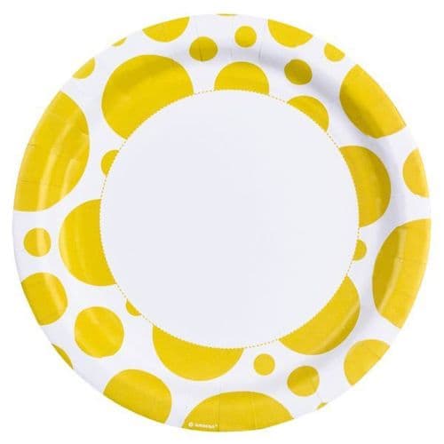 Sunshine Yellow Dots Paper Plates 23cm 8 per pack.