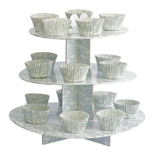 White/Silver Lace Design 3 Tier Card Cake Stand Kit - 24 pieces