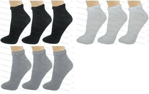 3 Pairs Ladies Lace Top Plain Ankle Socks Womens Girls Frilly Trim Trimmed 4-6