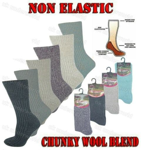 3 Pairs Ladies Non Elastic Wool Blend Thermal Boot Socks Eazy Grip Cushion Sole