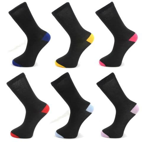 6 Or 12 Pairs Mens Black Cotton Socks With Coloured Heels & Toes Adults 6-11