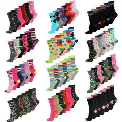 6 Pairs Ladies Womens Coloured Design Socks Cotton Blend Designer Adults 4-7