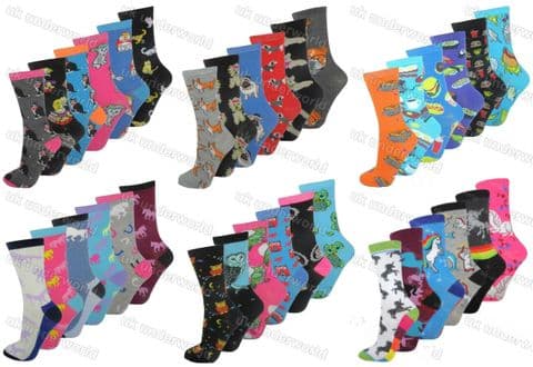 6 Pairs Ladies Womens Novelty Design Socks Cotton Blend Designer Adults 4-7