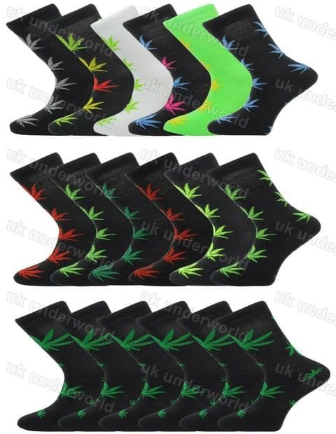 6 Pairs Mens Weed Leaf Print Socks Cannabis Ganja Marijuana Adults Fashion 6-11