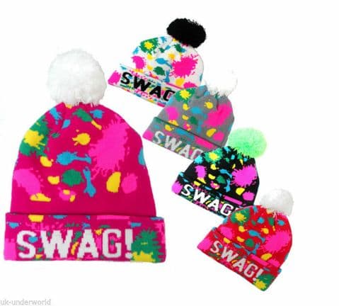 Adults Beanie Hat Ladies Mens Swag Paint Splash Knitted Bobble Cap With Pom Pom
